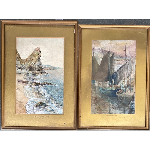 884 - Two early 20th century watercolours, 'Careg-Wallteg', and 'Taking in the Sails, Looe', the mounts mo... 