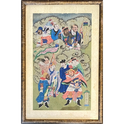 893 - An early 20th century Chinese gouache on silk painting depicting various immortals, 31x19cm