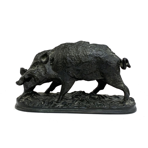 After Pierre-Jules Mene (French, 1810-1894), a patinated bronze sculpture of a wild boar, 35cm long, 22cm high