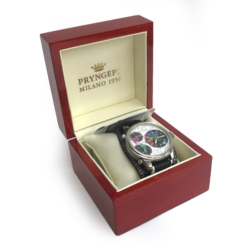 143 - A Pryngeps 3 Time Voyager stainless steel wrist watch, the white dial with four subsidiary dials dep... 