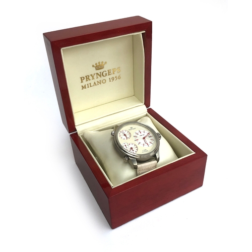 146 - A Pryngeps 3 Time Voyager stainless steel wrist watch, the cream dial with four subsidiary dials, 47... 