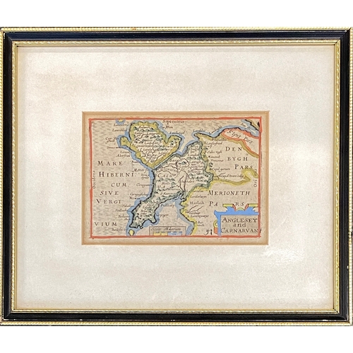 906 - A miniature 18th century map of Anglesey and Carnavan, hand coloured engraving, 9x13cm