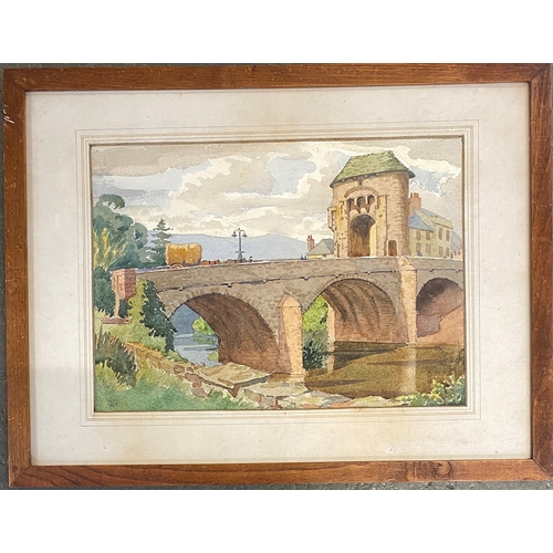 908 - A 20th century watercolour of Monnow Bridge, Monmouth, Wales, 27x37cm