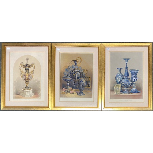 909 - A set of three framed 19th century chromolithograph plates of ceramics from the Great Exhibition, 44... 