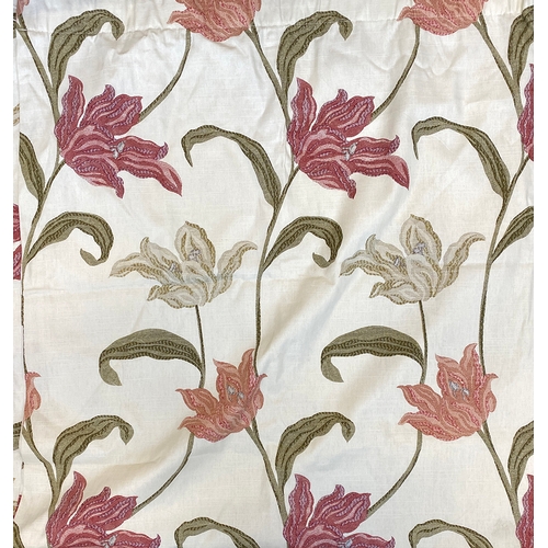 1557 - Four curtains with lily design, each 170cm wide and 182 long, together with four tie backs