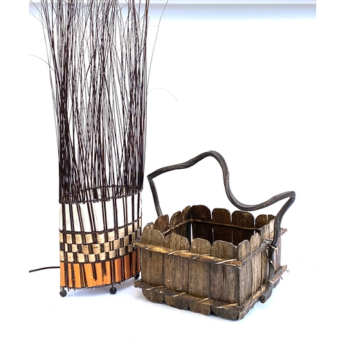 489 - A square basket with twig handle; together with a contemporary floor standing lamp