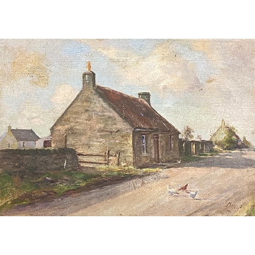 918 - M.J Ness, early 20th century oil on board, chickens in front of a cottage, 25x36cm