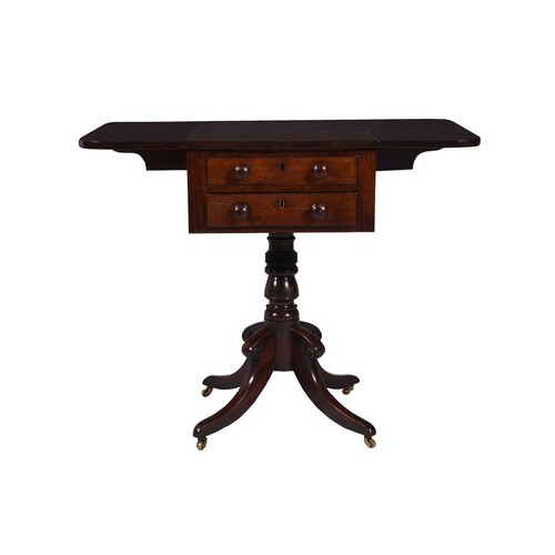 A George IV mahogany pedestal Pembroke or work table, the top with drop flaps above two short drawers, on a turned pedestal and hipped outswept legs