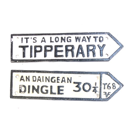 589 - Two small cast iron signs for Dingle and Tipperary in Ireland, each 20cm long