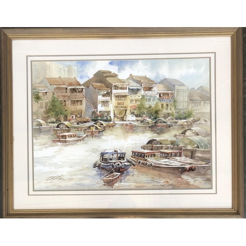 990 - Tan Leong Keng (Singeporean, b.1938), watercolour on paper of a harbour scene, presented by the chai... 