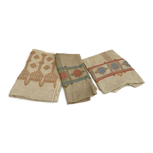 495 - Three mid 20th century Turkish embroidered cotton throws, 90x220cm, 120x280cm