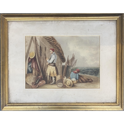 934 - Late 19th/early 20th century watercolour, Fishermen mending their nets, 33x47cm