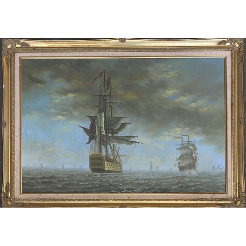 935 - 20th century oil on canvas, tall ships at sea, signed Gordon, 60x90cm