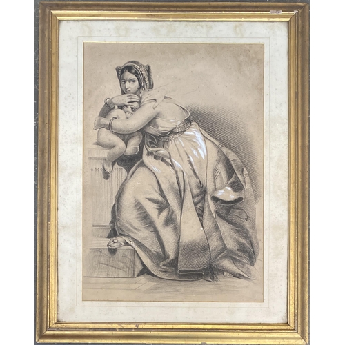 939 - 19th century mezzotint, mother protecting her child, heightened in white, 58x40cm