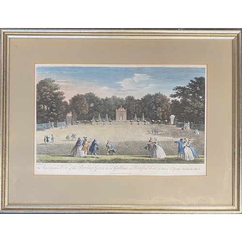 954 - An 18th century colour engraving, 'A perspective view of the bowling green etc, at Gubbins in Hertfo... 