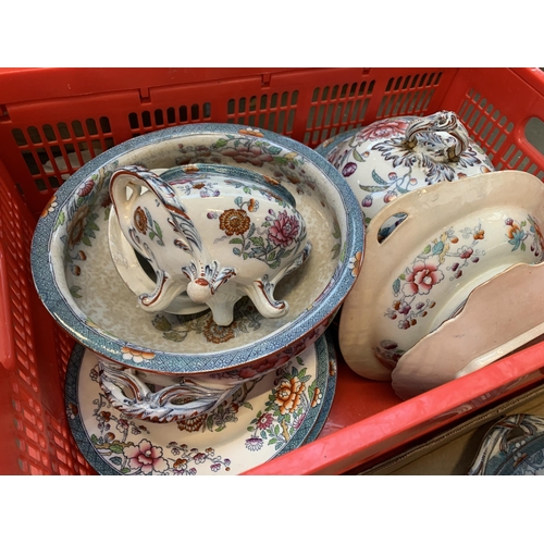 237 - Two boxes of Masons Ironstone Java transferware ceramics to include lidded tureen, dinner plates, tw... 