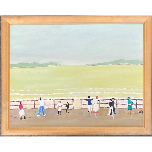 923 - 20th century oil on canvas, figures walking by the sea, 34x44cm