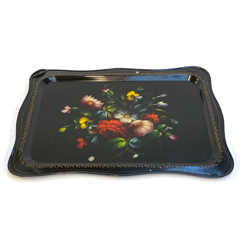 572 - A Russian tole ware floral painted metal tray, 58x43cm