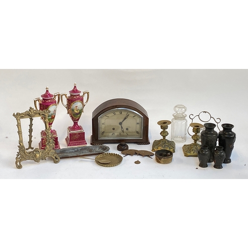 590 - A mixed lot to include four Japanese bronze vases; oak cased mantel clock; Vienna style porcelain ur... 