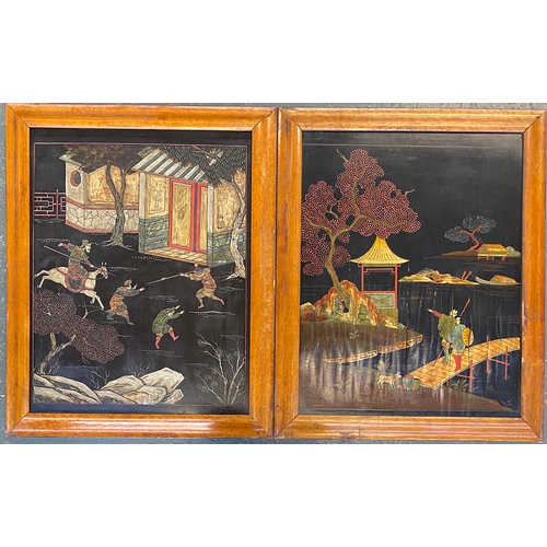 998 - Two Chinese lacquered panels, hand painted battle and pagoda scenes, in burr maple frames, 70x54cm