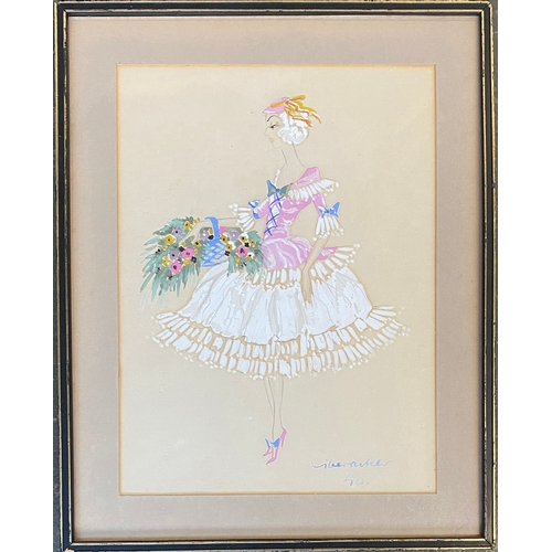 1003 - Early 20th gouache on paper, girl with flowers, signed Liberacker, dated 1940, 34x25cm