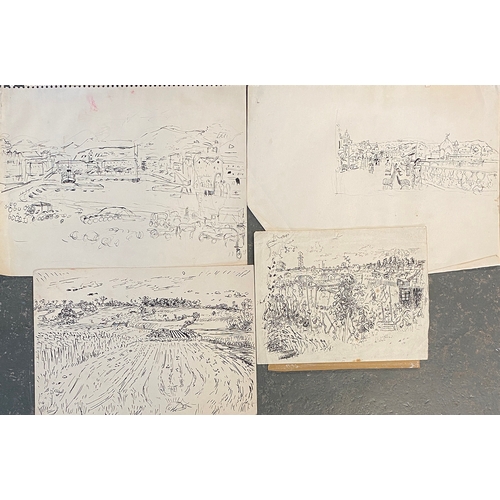 1012 - Four pen and ink landscape/townscape studies, the largest 33x42cm; together with a further sketch on... 