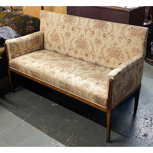 1294 - An Edwardian mahogany and satinwood square back sofa, 148cmW