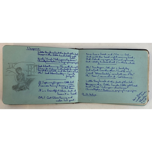 600 - A mid century autograph book containing various sketches and watercolours, belonging to Jean Robins,... 