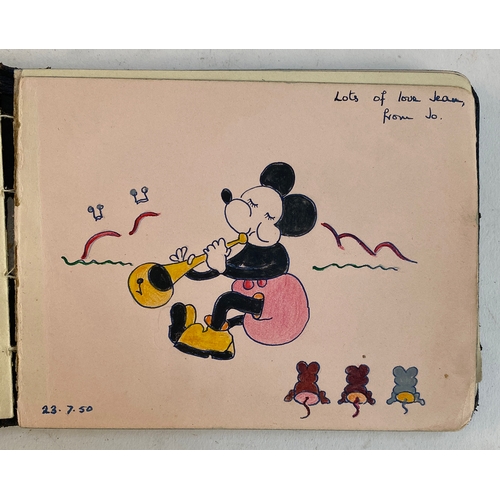 600 - A mid century autograph book containing various sketches and watercolours, belonging to Jean Robins,... 