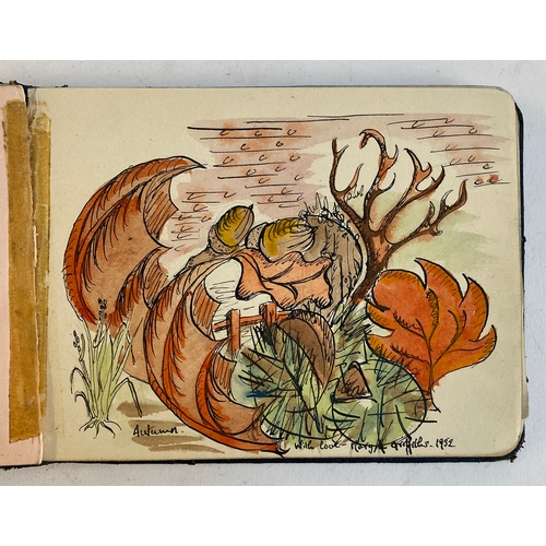 600 - A mid century autograph book containing various sketches and watercolours, belonging to Jean Robins,... 