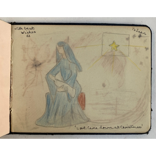 600 - A mid century autograph book containing various sketches and watercolours, belonging to Jean Robins,... 