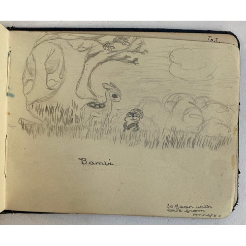 600 - A mid century autograph book containing various sketches and watercolours, belonging to Jean Robins,... 