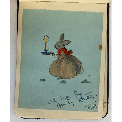 600 - A mid century autograph book containing various sketches and watercolours, belonging to Jean Robins,... 