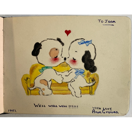 600 - A mid century autograph book containing various sketches and watercolours, belonging to Jean Robins,... 