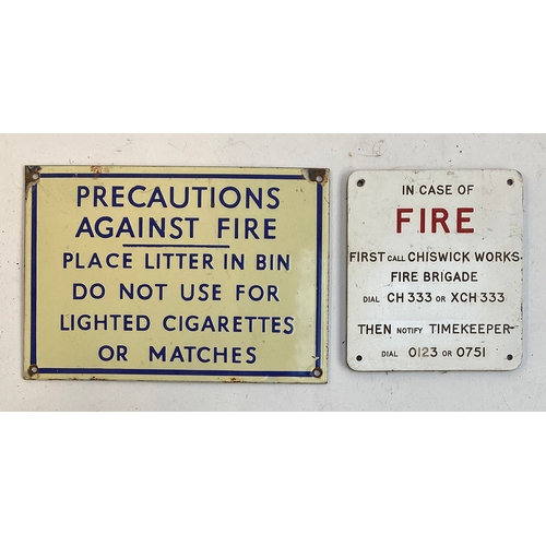 606 - A likely London Transport enamel sign for precautions against fire, 13x19cm, together with a further... 