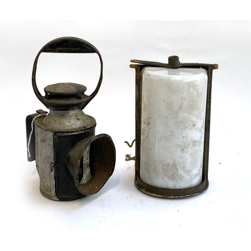 609 - An antique railway lamp, the burner marked Sherwoods, 32cmH, together with a milk glass railway lamp... 