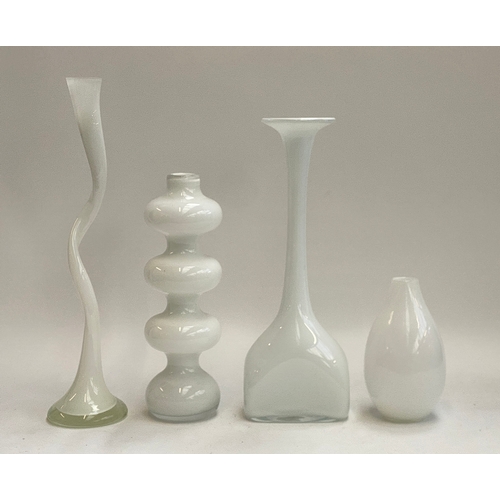 633 - Interior design interest: four white glass vases, 50cm to 21cmH