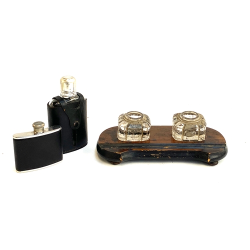 638 - Two hip flasks together with a 19th century ink stand with two glass inkwells