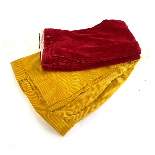 662 - A pair of mustard yellow cord trousers by Cordings of Piccadilly, w42 l32; a pair of red corduroy tr... 