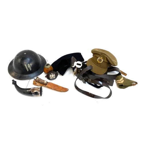 668 - A mixed lot to include antler handled hunting knife; Royal Engineers cap; horn etc; WWII Air Raid wa... 