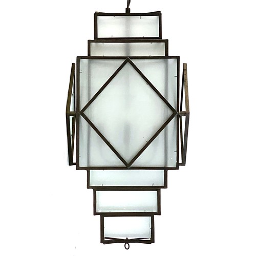 1572 - Interior design interest: a wrought metal and frosted glass Art Deco style geometric hanging lantern... 