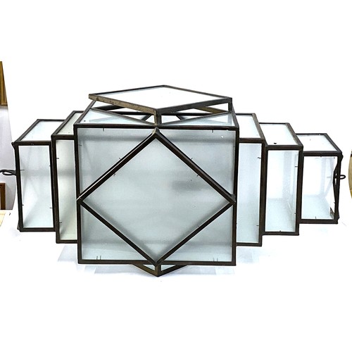 1572 - Interior design interest: a wrought metal and frosted glass Art Deco style geometric hanging lantern... 