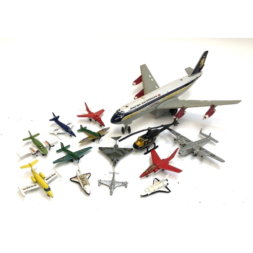 654 - A quantity of die cast model airplanes and helicopters to include Dinky York 704, shooting star, Glo... 