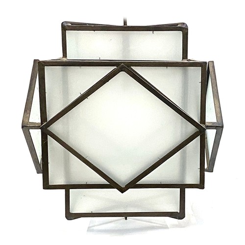 1527 - Interior design interest: a wrought metal and frosted glass Art Deco style geometric hanging lantern... 