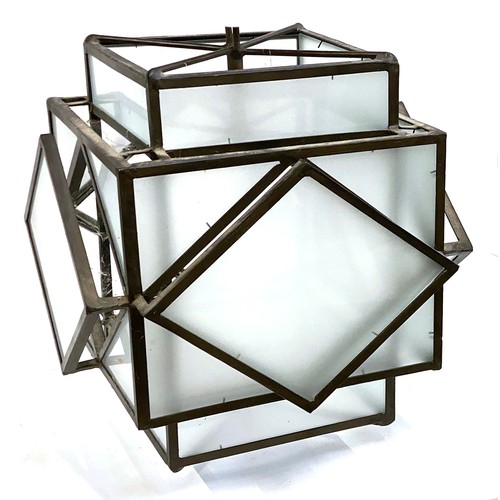 1527 - Interior design interest: a wrought metal and frosted glass Art Deco style geometric hanging lantern... 