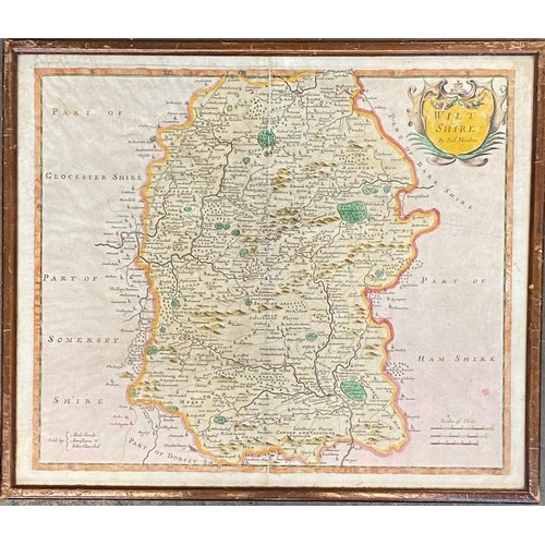 925 - An early 18th century hand coloured map of Wiltshire by Robert Morden, 36x43cm