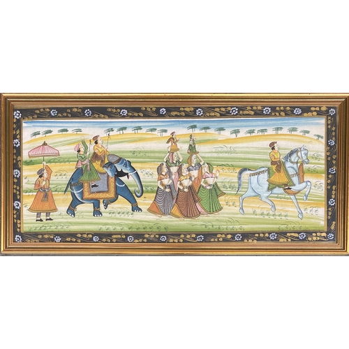 964 - 20th Indian painting on silk, procession scene, 33x78cm