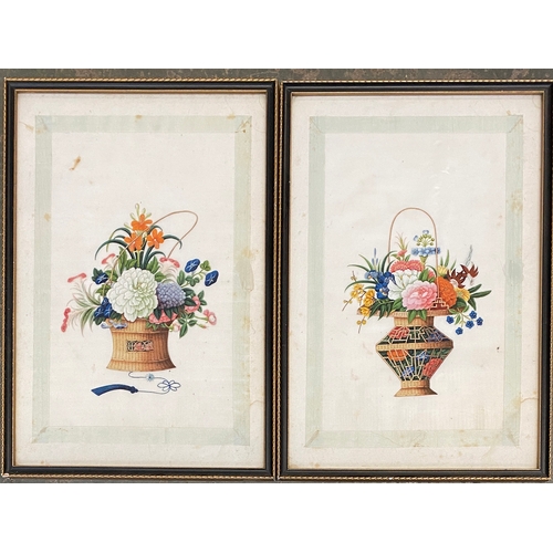 969 - A pair of late 19th/early 20th century Chinese gouache on parchment paintings of flower baskets, eac... 