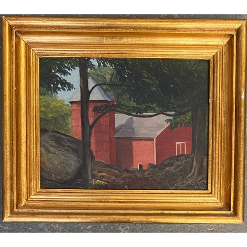 970 - A 20th century oil on board, naive study of a house through the trees, 17x22cm