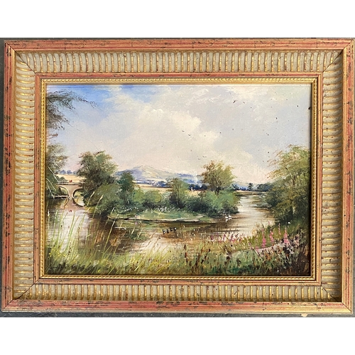 971 - An oil on canvas study of a river landscape, signed indistinctly 20x27cm